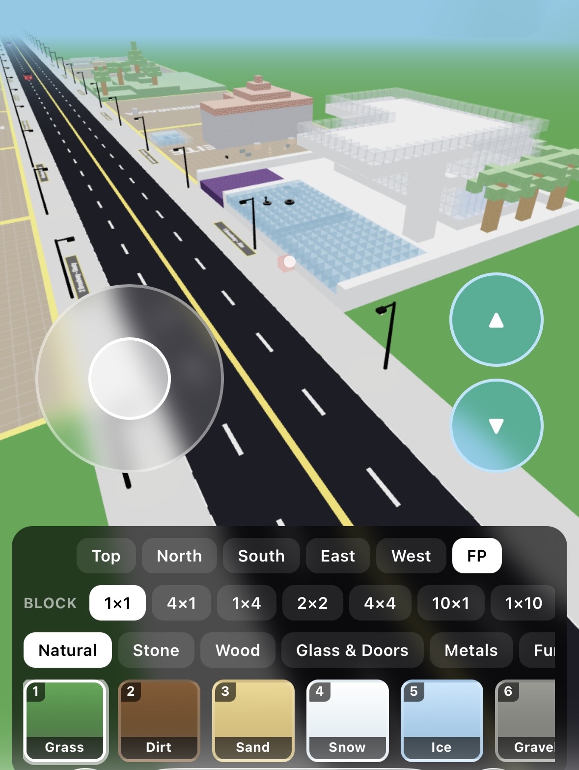 BroadwayBlocks gameplay screenshot showing a 30×30 plot, Broadway road, and building controls